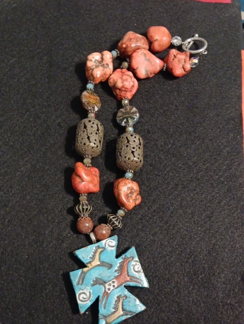 Handcrafted Turquoise Cross Pendant Necklace with Coral Beads